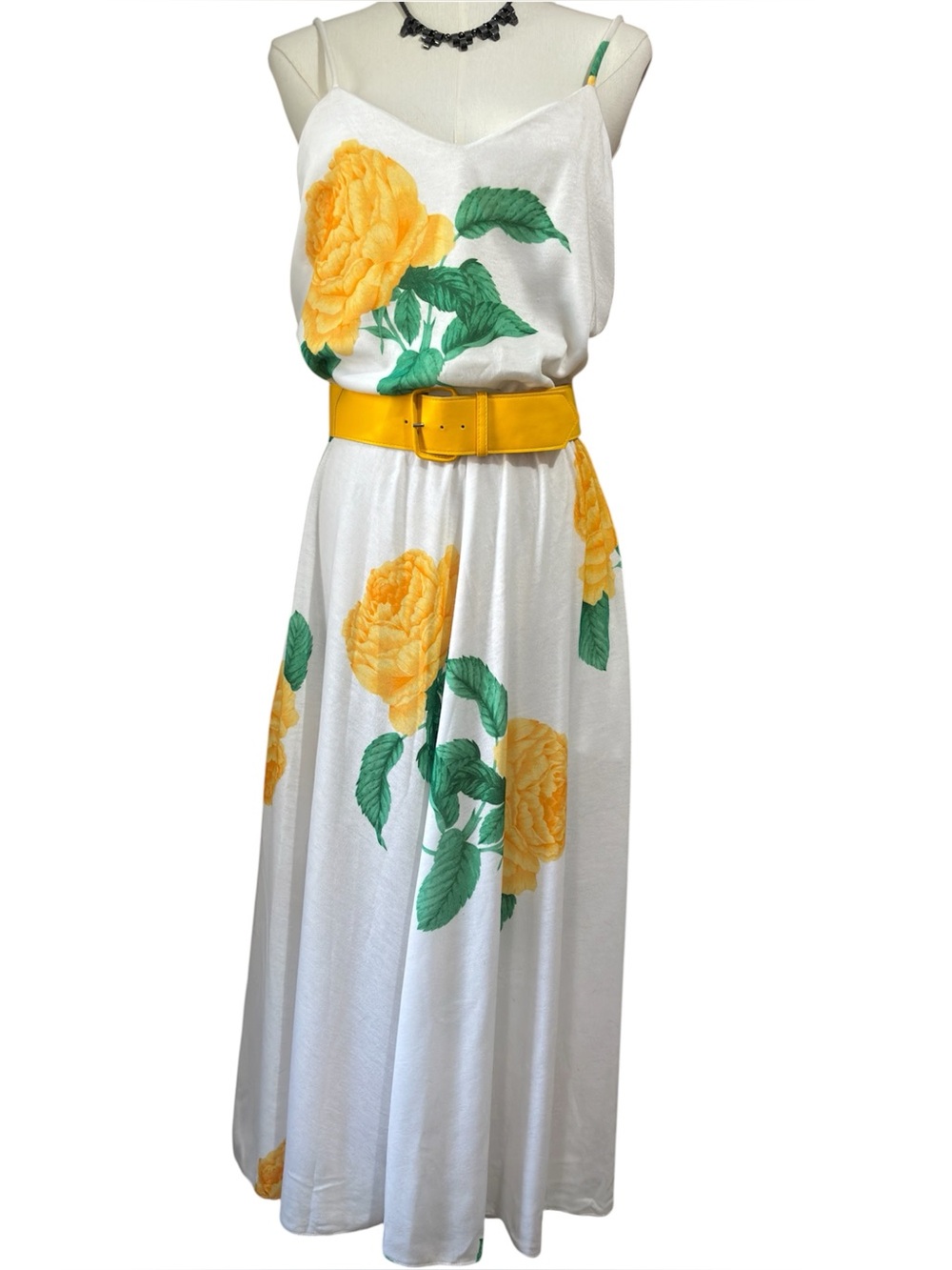 Vintage J. Ellis Floral Yellow Rose Belted Maxi Dress Size 10